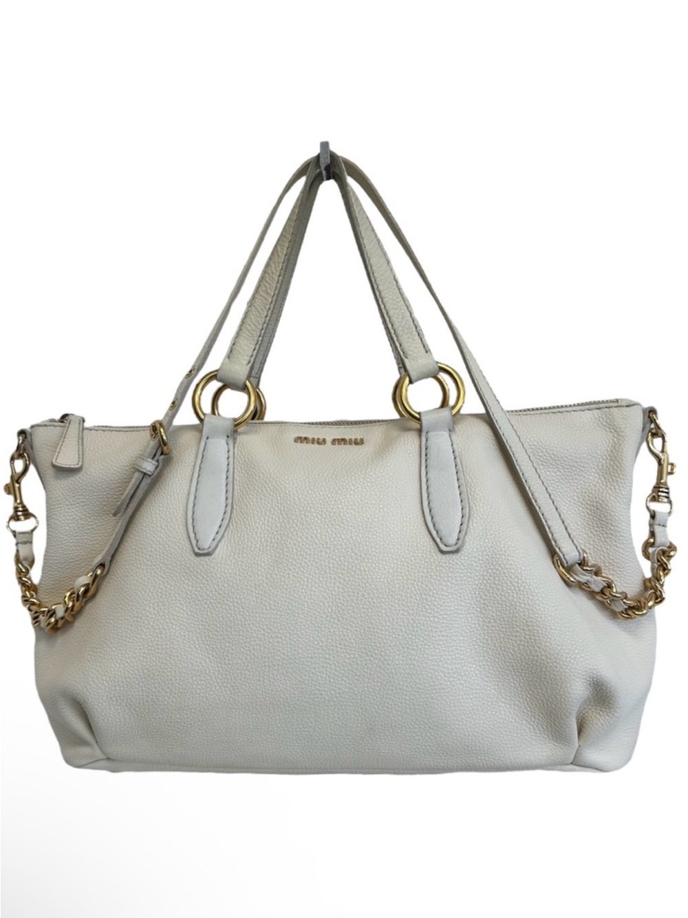 Miu Miu Pebbled Leather Crossbody Shoulder Hand Bag Satchel East West Off White